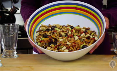 trail mix in white bowl
