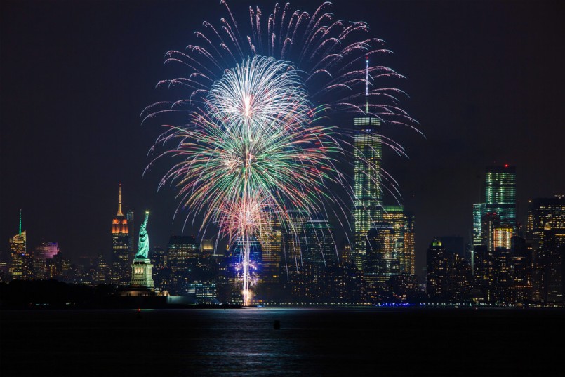 Fireworks and the New York City skyline