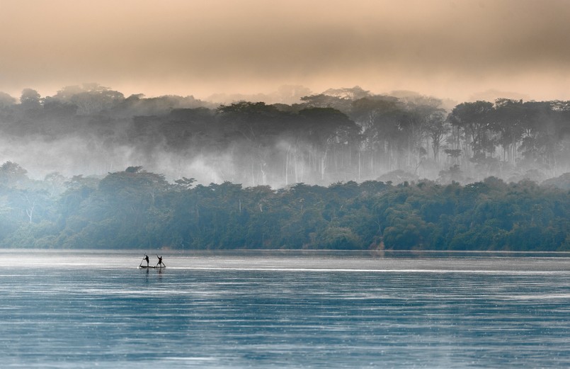 Sangha River. Morning fog on the African river Sangha. Congo
