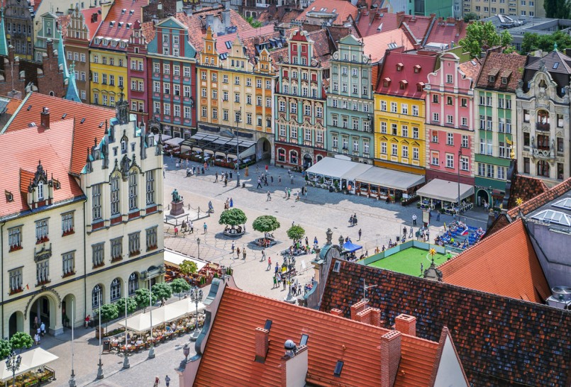 People walking on the market square in Wroclaw, Poland. Top view.