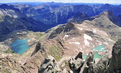 High altitude clear alpine lakes in the Rocky Mountains, as viewed from a mountain summit above