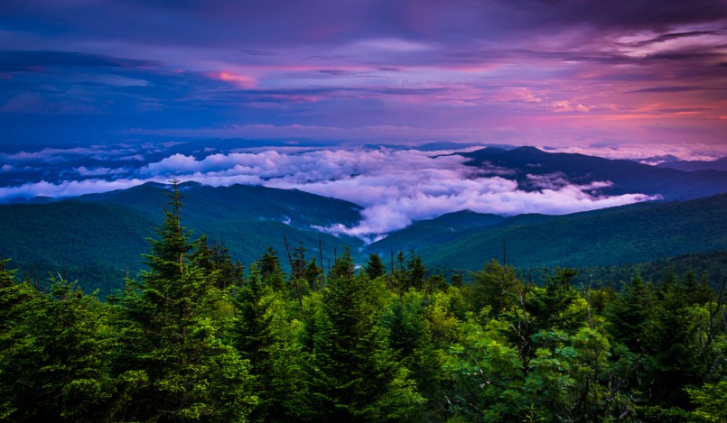 Low clouds in the valley at sunset, seen from Clingman’s Dome, Great Smoky Mountains National Park, Tennessee.