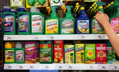 STAVELOT, BELGIUM - MAY 6, 2016: Shelves with a variety of Pesticides in a Carrefour Supermarket. Roundup is a brand-name of an herbicide containing glyphosate, made by Monsanto.