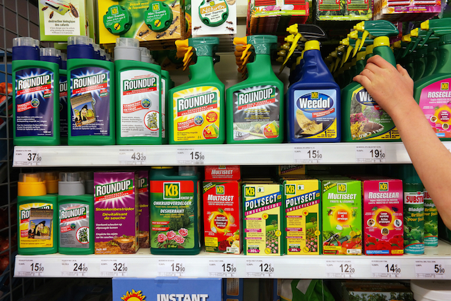 STAVELOT, BELGIUM – MAY 6, 2016: Shelves with a variety of Pesticides in a Carrefour Supermarket. Roundup is a brand-name of an herbicide containing glyphosate, made by Monsanto.