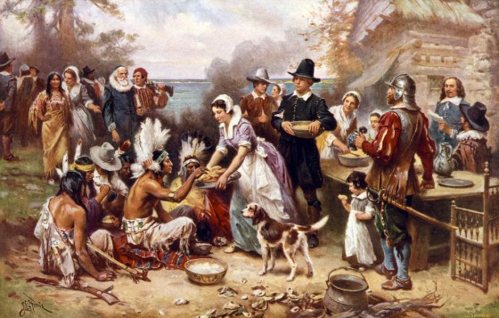 The first Thanksgiving, 1621, Pilgrims and natives gather to share a meal, oil painting by Jean Louis Gerome Ferris, 1932
