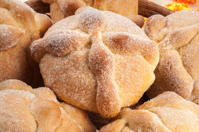 Sweet bread called Bread of the Dead (Pan de Muerto) enjoyed during Day of the Dead festivities in Mexico.