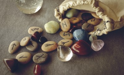 divination and prediction on runes and Tarot, mysticism or esoteric isolated on grey background