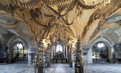 Interior of the Sedlec ossuary (Kostnice) decorated with skulls and bones, Kutna Hora, Czech Republic