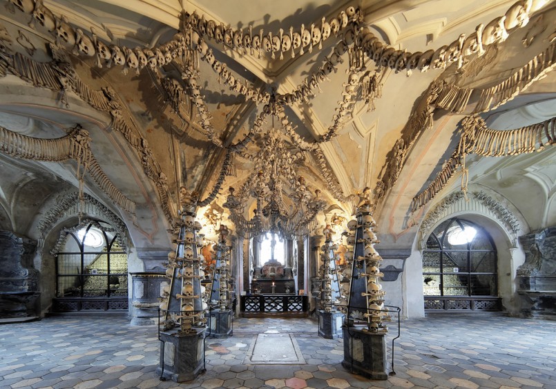 Interior of the Sedlec ossuary (Kostnice) decorated with skulls and bones, Kutna Hora, Czech Republic