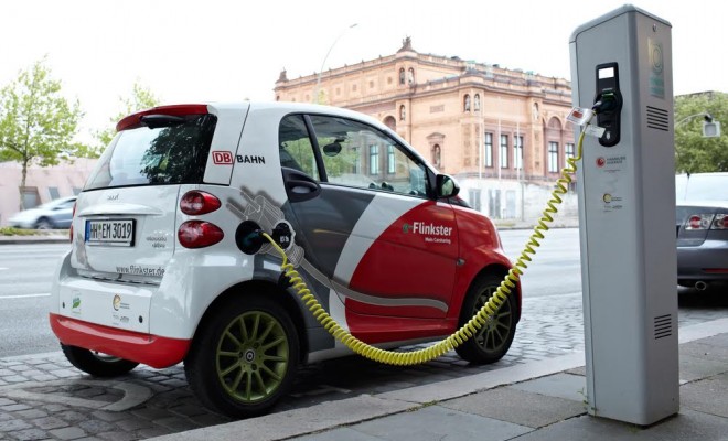 Electric car at a charging station on the Glockengieserwall street near the Hamburg Kunsthalle