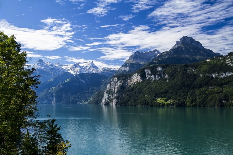 scenic mountains over water in switzerland