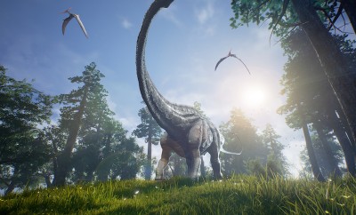 Diplodocus browsing a selection of trees with two Pteranodons flying overhead.